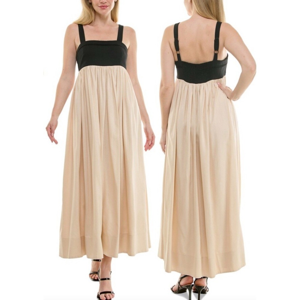 NWT Taylor Sleeveless Empire Waist Maxi Dress‎ Womens Size 10 Black Beige Linen
